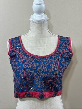 Sari Saree Indian blouse choli crop top beaded cap sleeve embroidered Bollywood